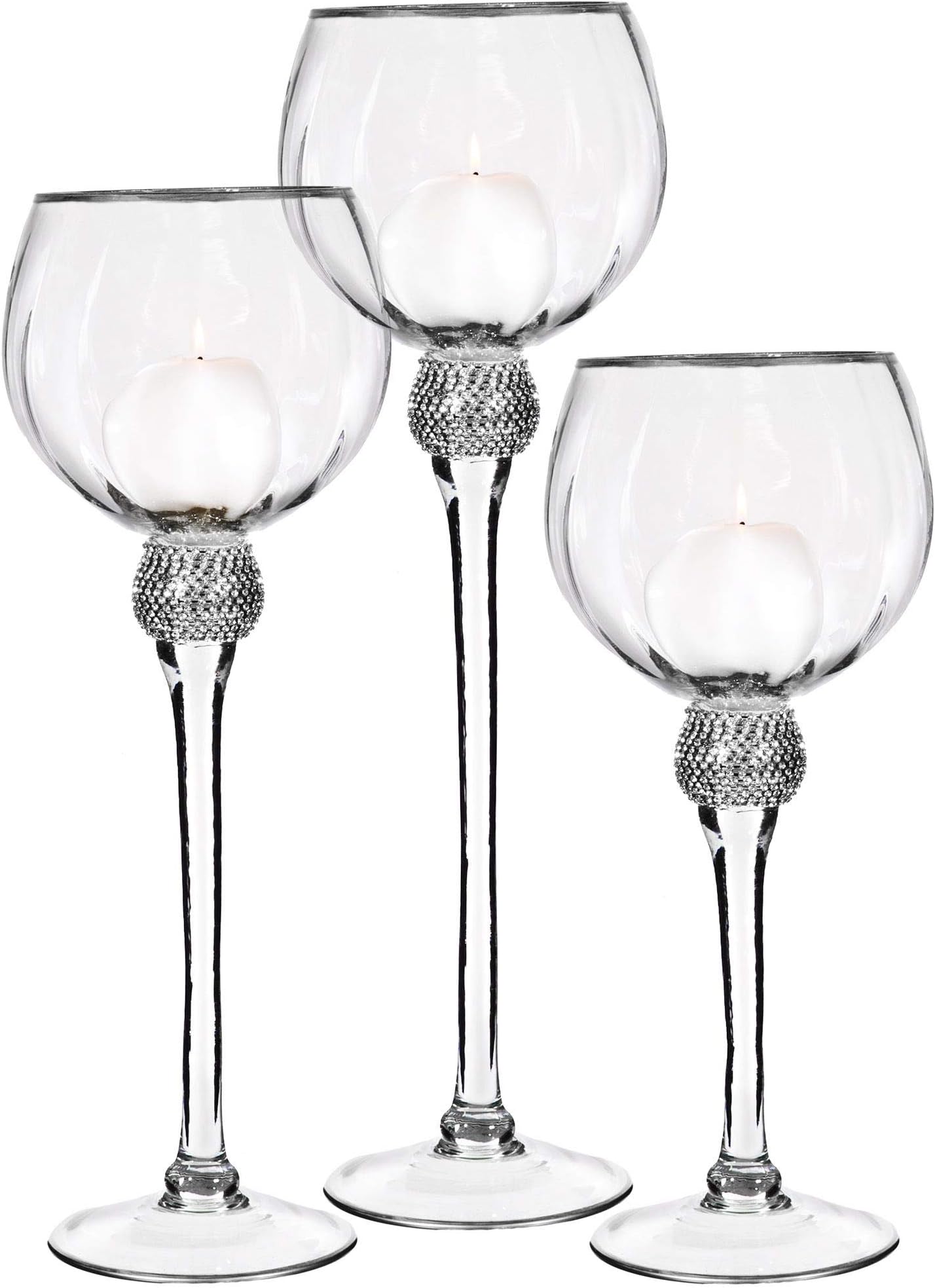Palais Glassware Elegant Bougeoir Collection, Set of 3 Hurricane Candle Holders (Clear with Silver Diamonds and Rims)