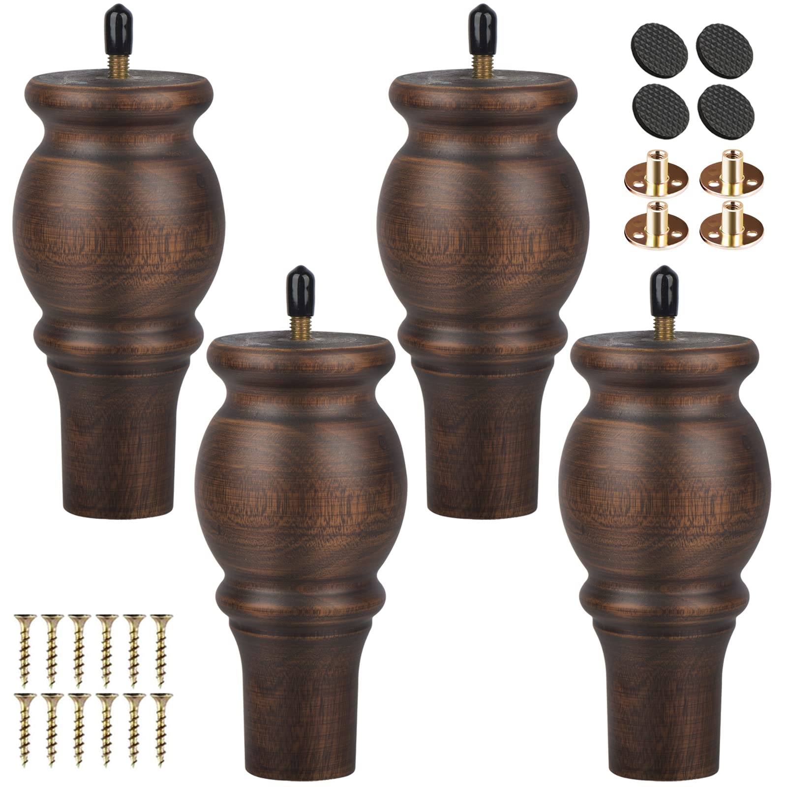 TCHOSUZ 5 inch / 12cm Wooden Furniture Legs, Pack of 4 Classic Glaze Solid Wood Turned DIY Replacement Bun Feet with M8 Hanger Bolts & T-Nuts for Sofa Couch Cabinet Buffet Table Ottoman Riser