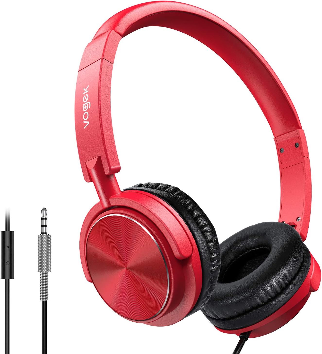 Vogek Wired Headphones with Microphone, Foldable On Ear Headset with Deep Bass, Adjustable Headband and Noise Isolation for Smartphone Computer Laptop Chromebook Zoom Discord (Red)