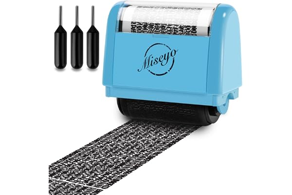 Miseyo Wide Identity Theft Protection Roller Stamp Set - Blue (3 Refill Ink Included)