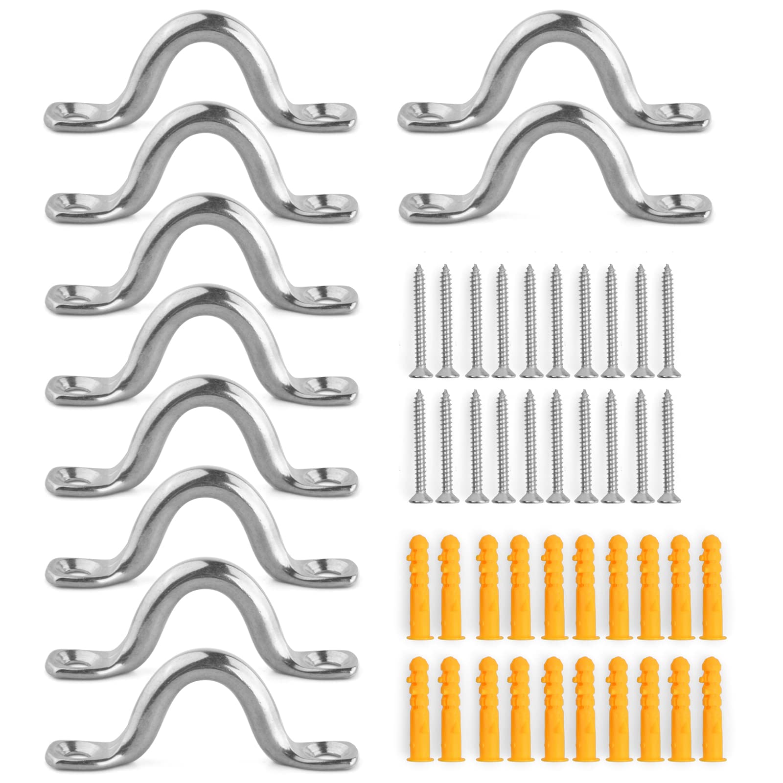 Catime 10 Pcs 304 Stainless Steel Boat Top Pad Eye, M6 Pad Eye Strap Plate, Kayak Deck Loops Tie with 20 Pcs Screws and 20pcs Wall Plugs, 6mm Boat Accessories for Ships Canoe Yachts Caravans Rigging