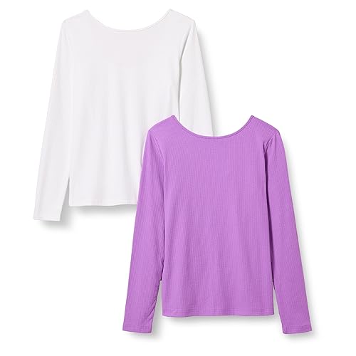 Amazon Essentials Women's Scoop Back Long Sleeve Slim-Fit Rib-Knit T-Shirt, Pack of 2, Purple/White, X-Large