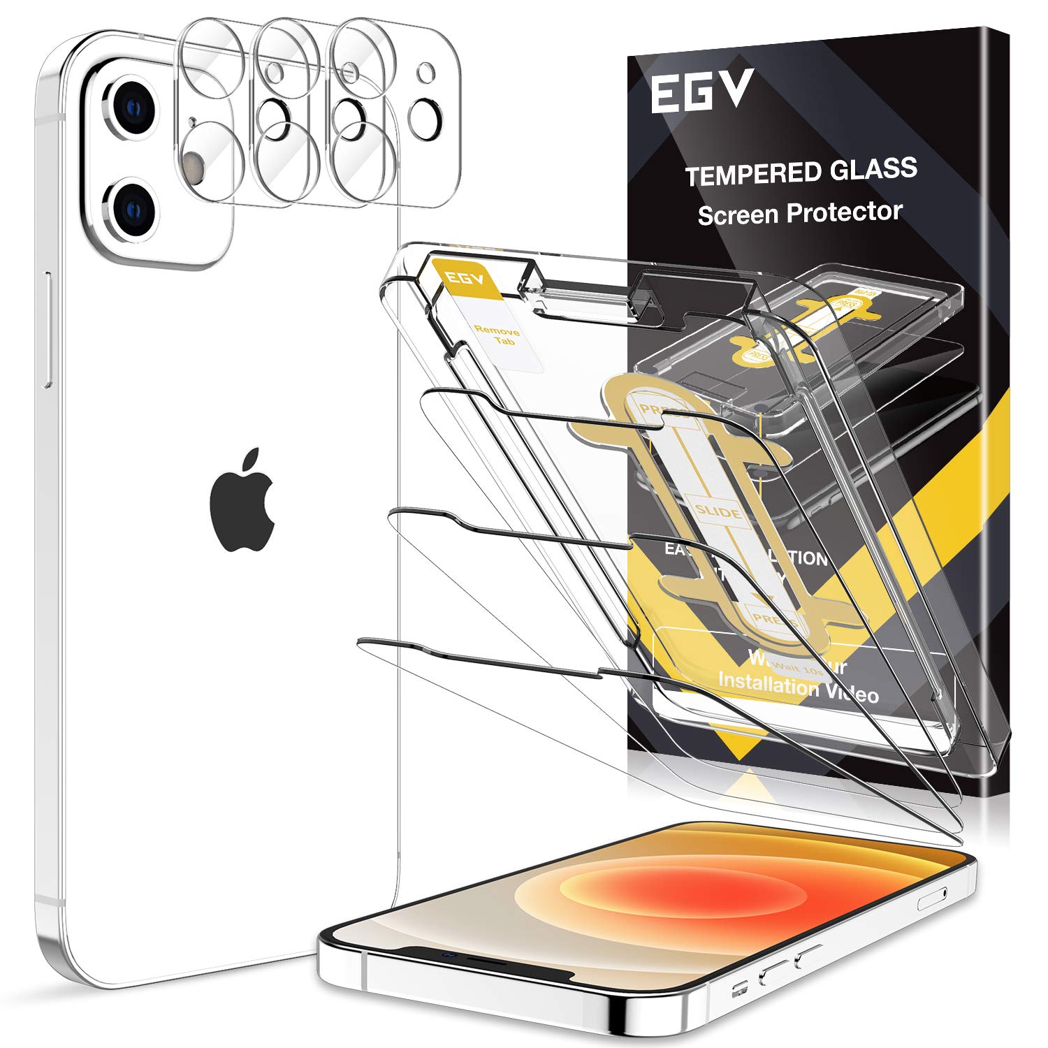 6 Pack EGV 3pcs Screen Protector & 3pcs Camera Lens Protector Compatible with iPhone 12 Mini 5G 5.4-inch, 9H Hardness Tempered Glass, Easy Installation Tray, Case Friendly, HD Ultra-Thin
