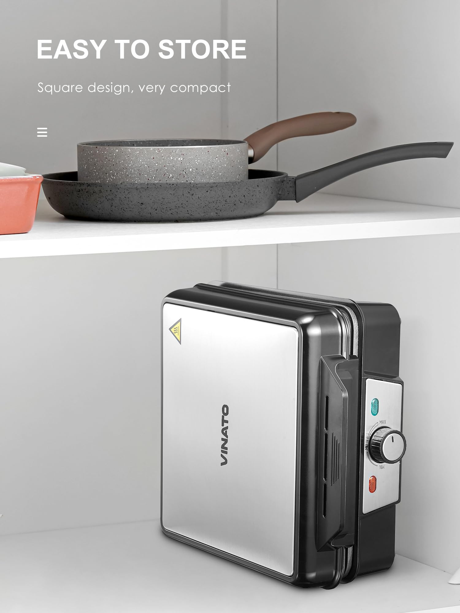 VINATO Waffeleisen, Belgisches Waffeleisen für 4 Waffeln, 1200W Schnelle und Stabile Wärme, Waffeln Maschine mit Antihaftbeschichtung von Heizplatten, Stufenlose Temperaturregulierung 5