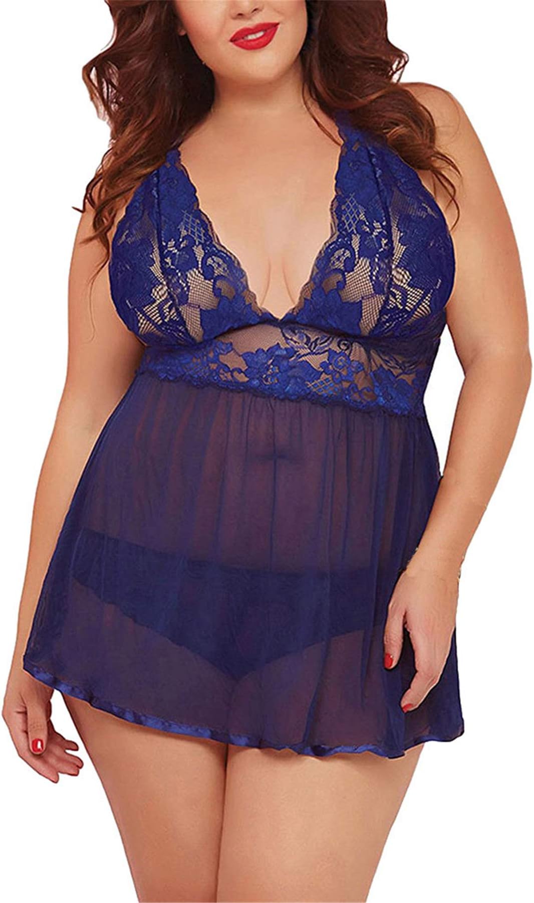 Kelry Fashion Women Plus Size Sexy Lingerie Mesh Perspective Sleepwear Lace Deep V Babydoll Underwear