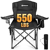 FUNDANGO Oversized Camping Chair for Adults, Heavy Duty Portable Foldable Lawn Chair with Padded Seat & Back, Lumbar Support, 4-can Cooler & Cup Holder, Carry Bag Included for Outdoor