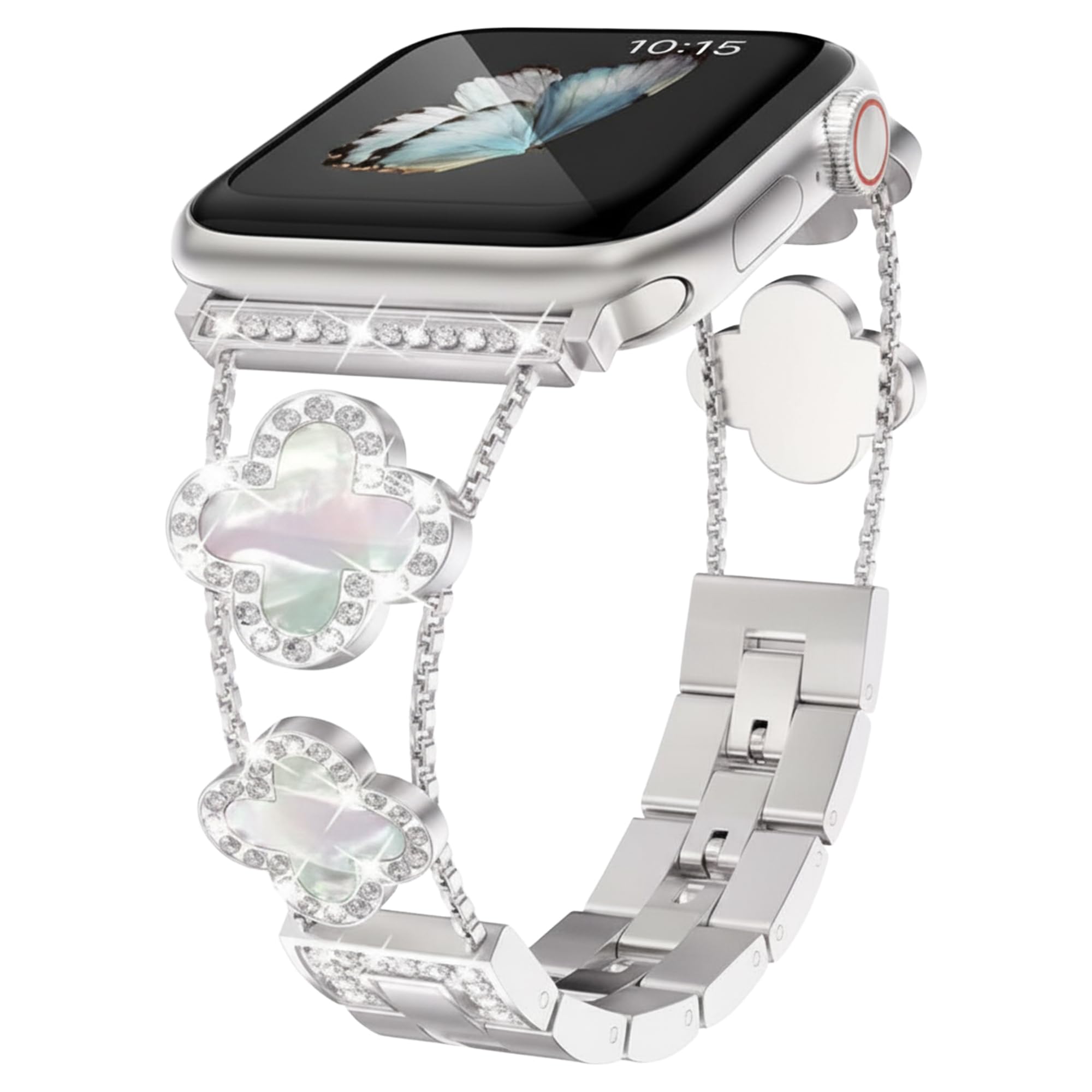 Clover Watch Band for Women, Dainty Gold & Silver Bracelet, Stylish & Fancy Metal Strap for Apple Watch Series 10/9/8/7/6/5/4/3/2/1/SE/Ultra 2, Fits 38mm-49mm Models (Rainbow-Silver, 46/49/45/44/42mm(Series 1/2/3))