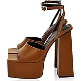 Fuazuzu Platform Chunky Heels for Women, Block High Heeled Sandals with Open Square Toe Ankle Strap Wedding Dress Heels Brown