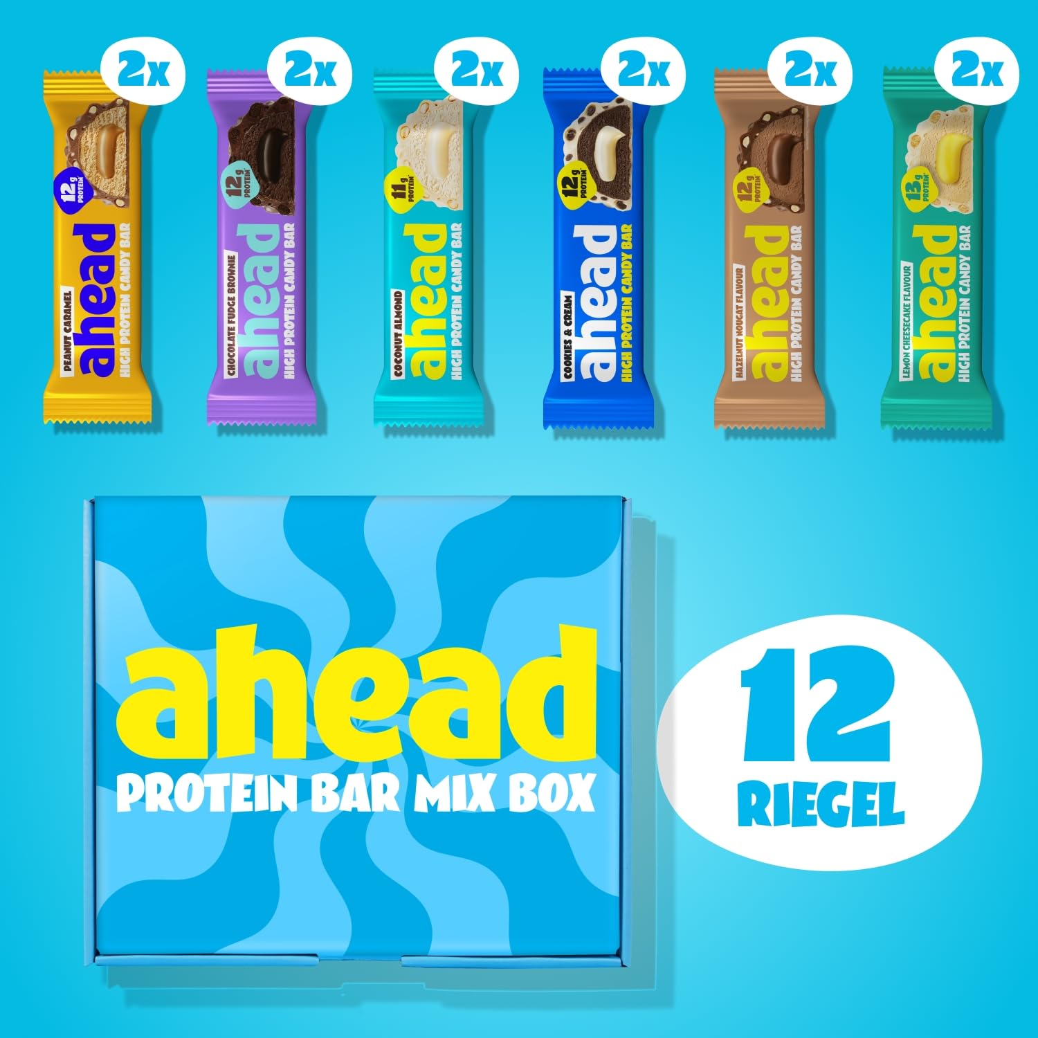 ahead Protein Riegel | Mix Box | 12 x 45g Extra softer Protein Riegel mit cremigem Kern | Low Carb Eiweißriegel ohne Zuckerzusatz & ohne Palmöl 2