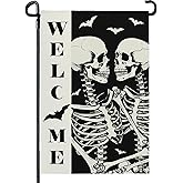 Halloween Welcome Skull Garden Flag Spooky Skeletons Funny Black White Yard Garden Flags Double Sided for Outside Fall Porch Patio Farmhouse Outdoor Decorations 12 x 18 Inch