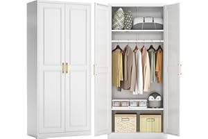 Kubohogar 71" Metal Armoire Wardrobe Closet with 2 Doors, Tall Wardrobe Cabinet with Hanging Rod and Adjustable Shelves, White Clothing Storage Cabinets for Bedroom, Laundry Room, Home Office