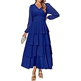 BerryGo Womens Flowy Maxi Dress Chiffon Long Sleeve Slit V Neck Casual Ruffle Tiered Boho Fall Wedding Guest Long Dress