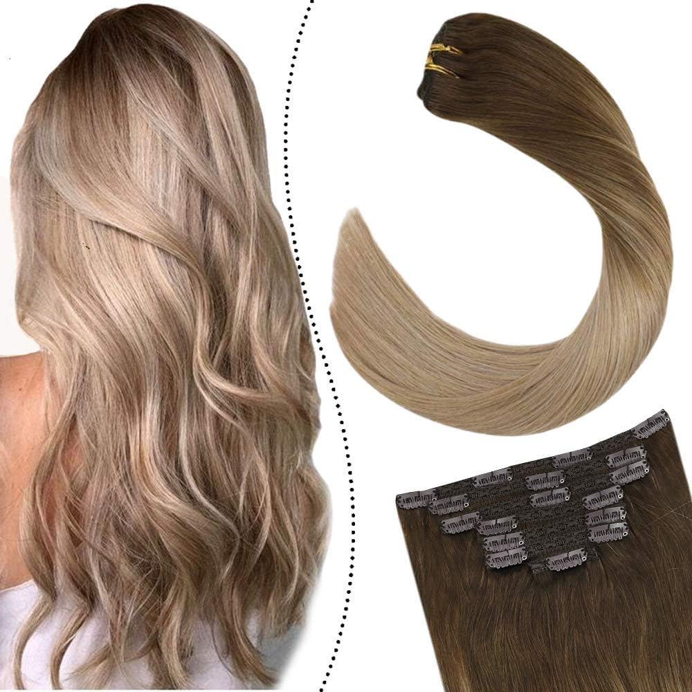 Ugeat Clip in Human Hair Extensions Balayage 22 Inches Clip in Hair Extensions Real Human Hair 100G 7PCS Clip in Extensions Human Hair Full Head Balayage Brown to Blonde #4/18/16