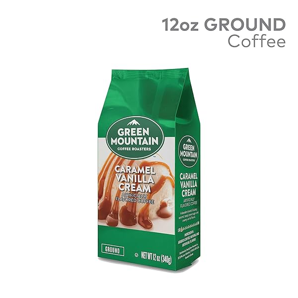 GREEN MOUNTAIN COFFEE ROASTERS, CARAMEL VANILLA CREAM, GROUND FLAVORED COFFEE, LIGHT ROAST, BAGGED 12OZ.