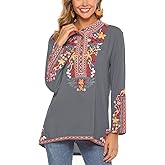 Grosy Boho Embroidered Long Sleeve Tunics Shirts for Women Mexican Peasant Blouses Ethnic Bohemian Floral Tunic Tops