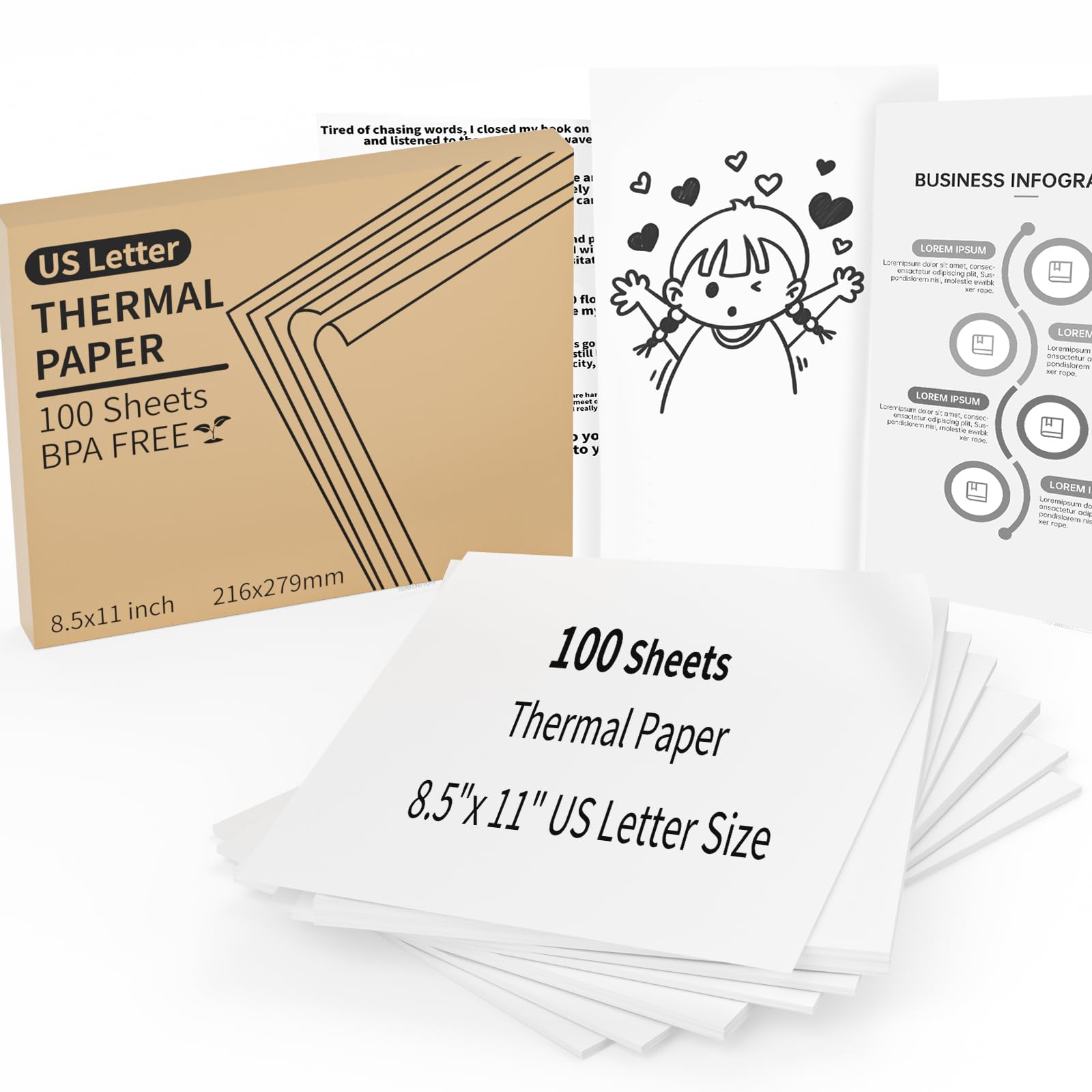 Photo 1 of 100 Sheets Thermal Printer Paper, 8.5"x 11" US Letter Size - High-Efficiency Durable Printing for Home Work, Printing Contract, Picture, Compatible with Most Thermal Printers (100 Sheets)