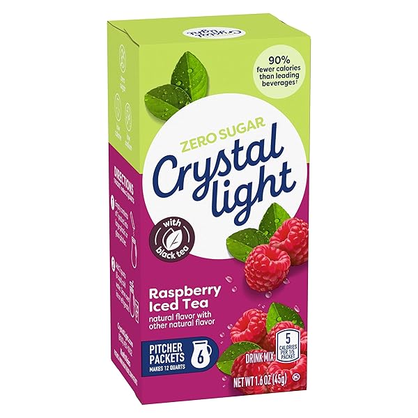 CRYSTAL LIGHT DRINK MIX, 6 PITCHER PACKETS, FOR FLAVORFUL HYDRATION AND SHAREABLE REFRESHMENT, RASPBERRY ICED TEA NATURAL FLAVOR WITH OTHER NATURAL FLAVOR, MADE WITH BLACK TEA, 1.6 OZ