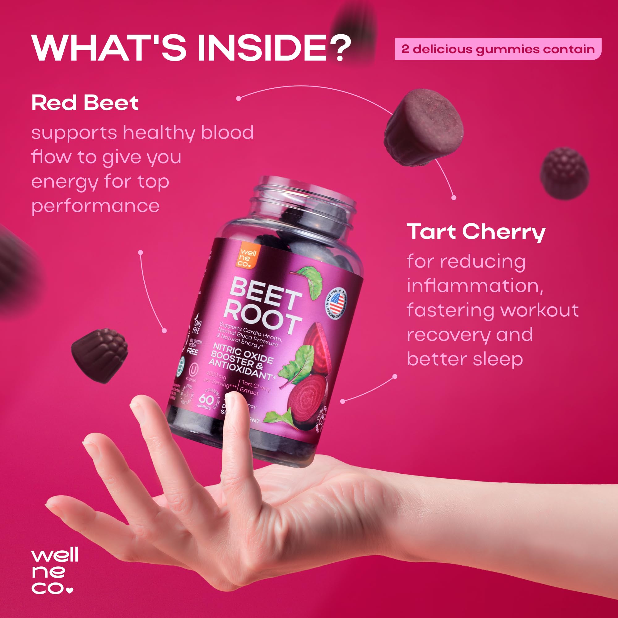 Beet Chews for High Blood Pressure - Beet Root Gummies Made in USA with Tart Cherry - Nitric Oxide Supplements for Energy and Cardio Health - Vegan, No GMO, Pectin Based - for Women and Men, 60 Pcs