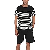 Reliwel Men's Pajama Set Cotton Pajamas Striped Short Sleeve & Shorts Pjs Sets Sleepwear Summer Lounge Set with Pockets