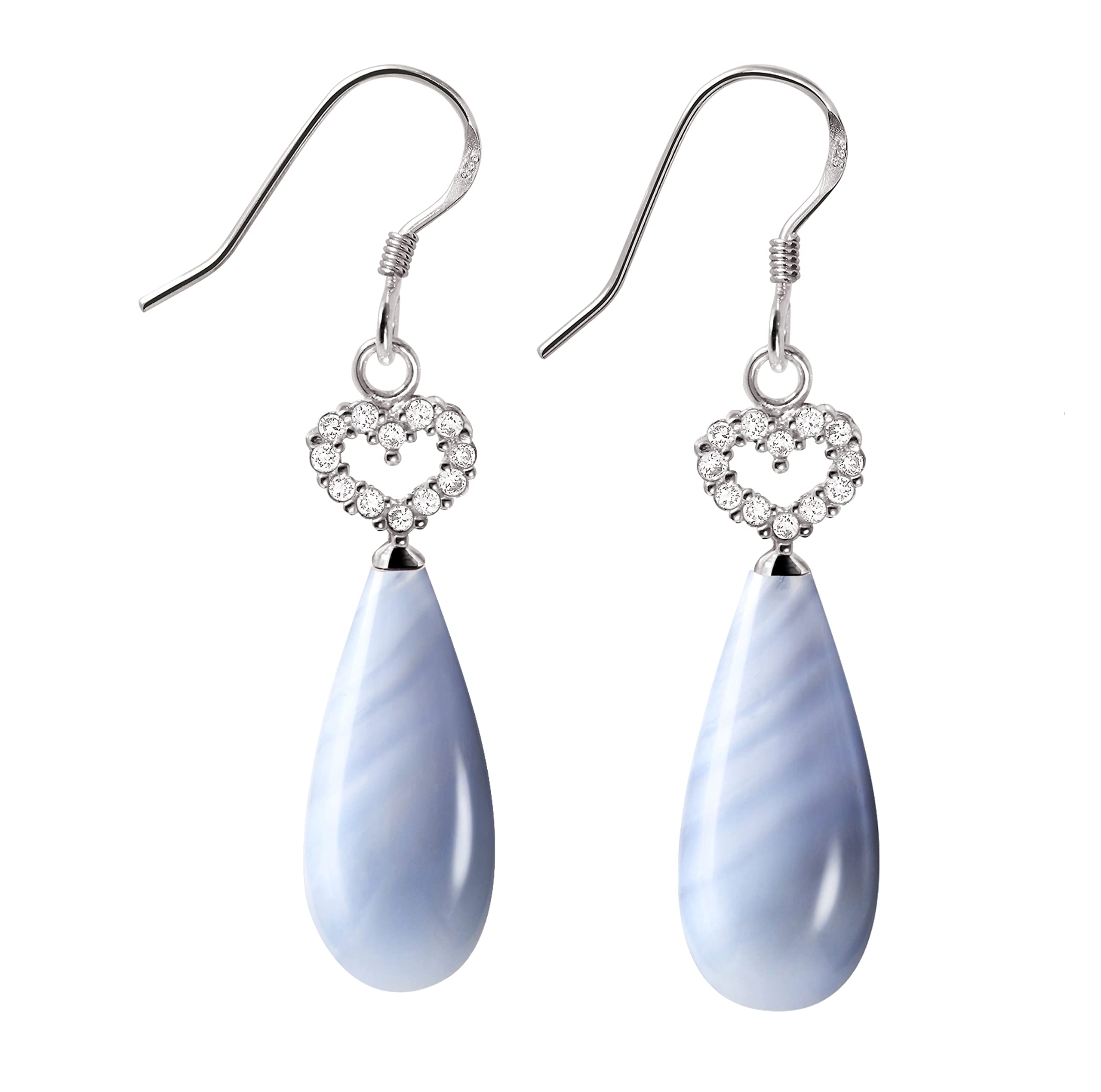 Franki Baker Natural Blue Lace Agate Gemstone & CZ Hearts Sterling Silver Pear Drop Statement Earrings. Total Earring Length: 4.5cm.