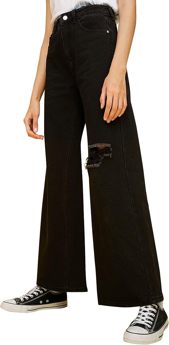 Amazon.com: FALABELLA Pantalones de mezclilla rasgados de cintura alta para  mujer, pantalones de mezclilla acampanados con bolsillos, talla grande,  Negro - : Ropa, Zapatos y Joyería