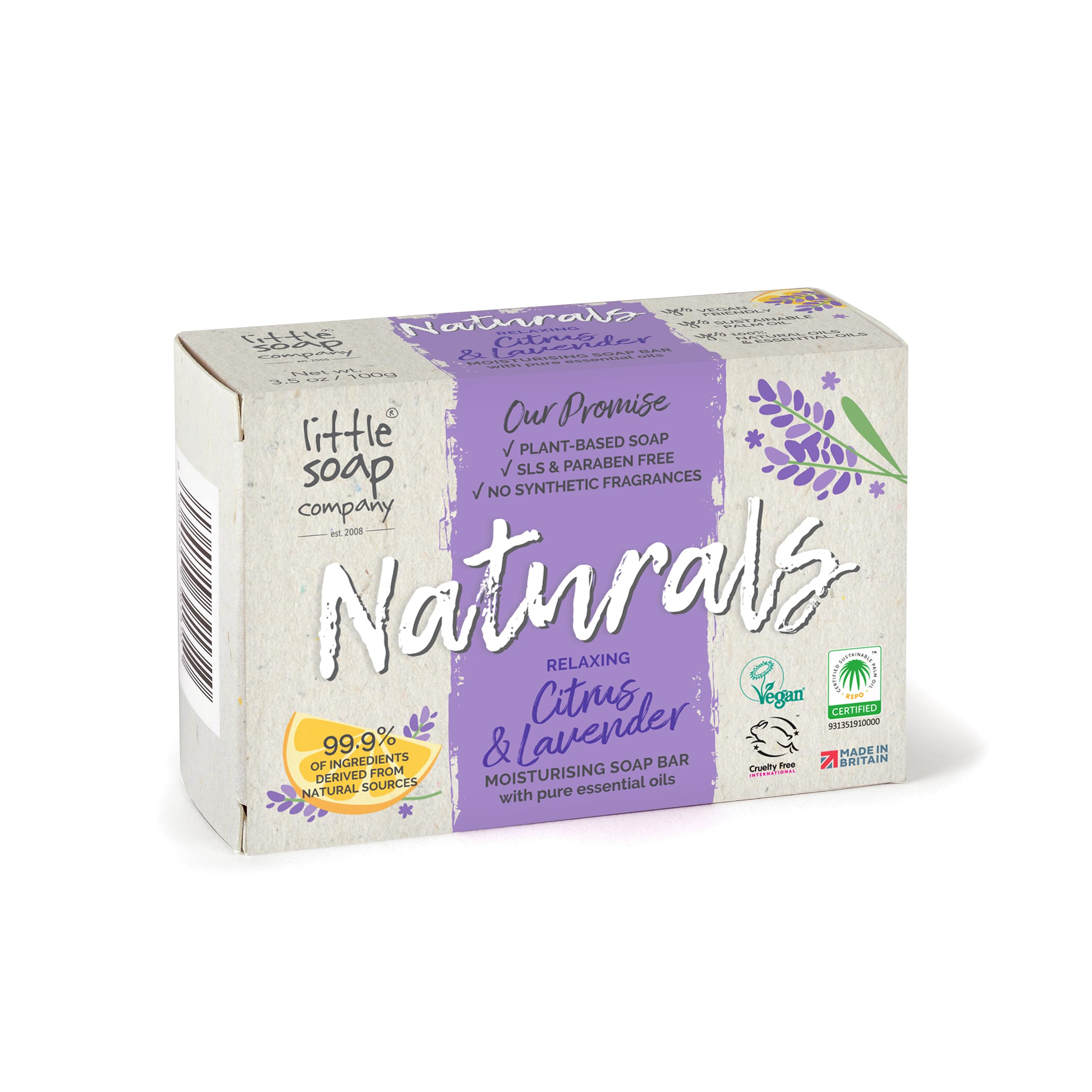 Little Soap Company Natural Range - Citrus & Lavender Soap Bar 100g | Vegan, Cruelty Free & Eco Friendly Body, Face & Hand Soap | Free from SLS & Parabens | Antibacterial with Cleansing Essential Oils