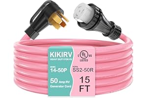 KIKIRV 50 Amp RV Cord, 15 Feet 50 Amp Generator Cord, UL Listed, 100% Pure Copper, Heavy Duty Cord with Locking Connector, 14-50P Male and SS2-50R Female for RV Trailer Camper Generator