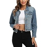 Anienaya Jean Jacket Women’s Frayed Washed Button Up Cropped Denim Jacket w 2 Side Pockets