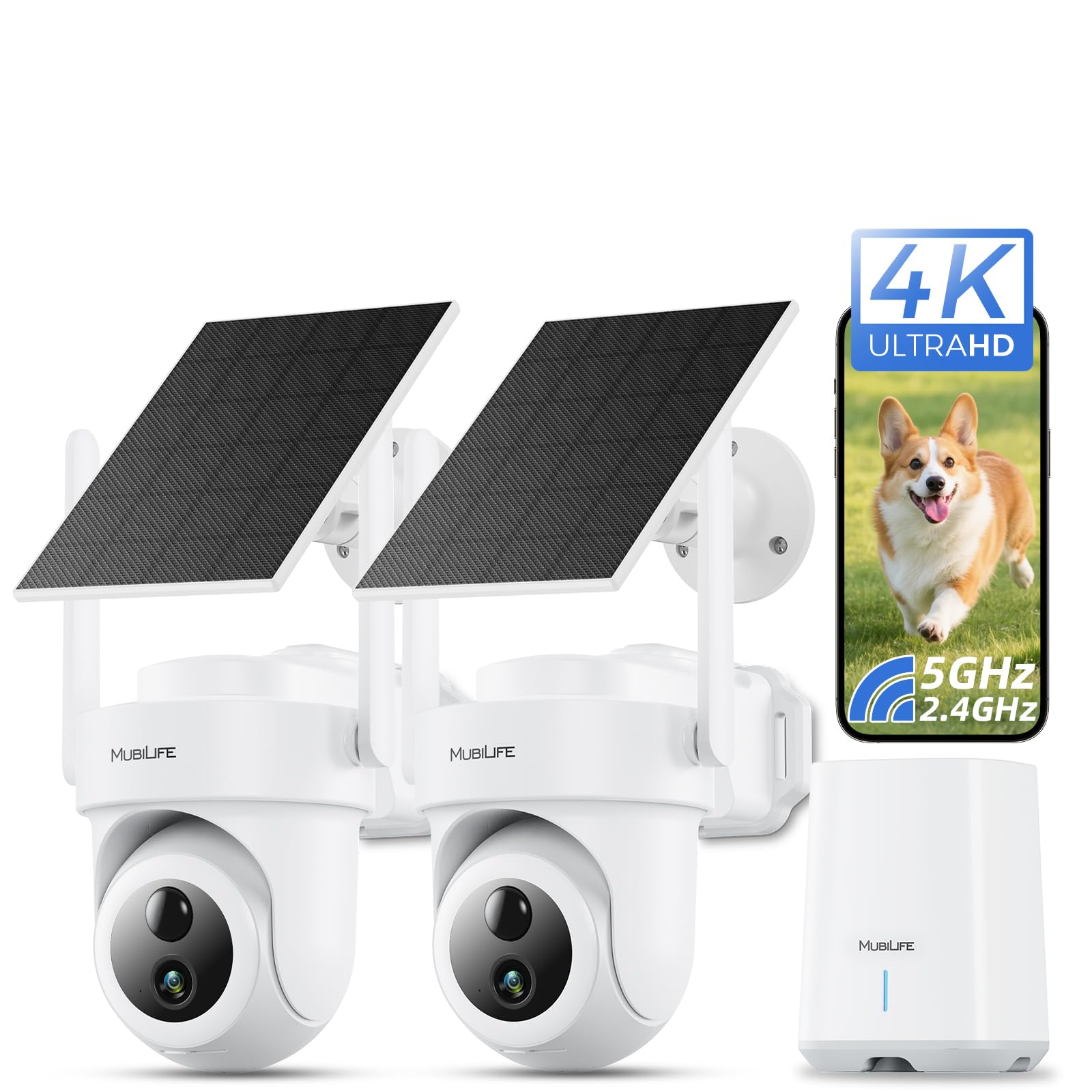 View 1 of MUBILIFE 4K Security Cameras Wireless Outdoor, 2 Cam-Kit, 5G/2.4G WiFi Solar Cameras for Home Security, 64GB Local Storage/No Subscription/Motion Tracking/Color Night Vision/360° View/IP66, Easy Setup
