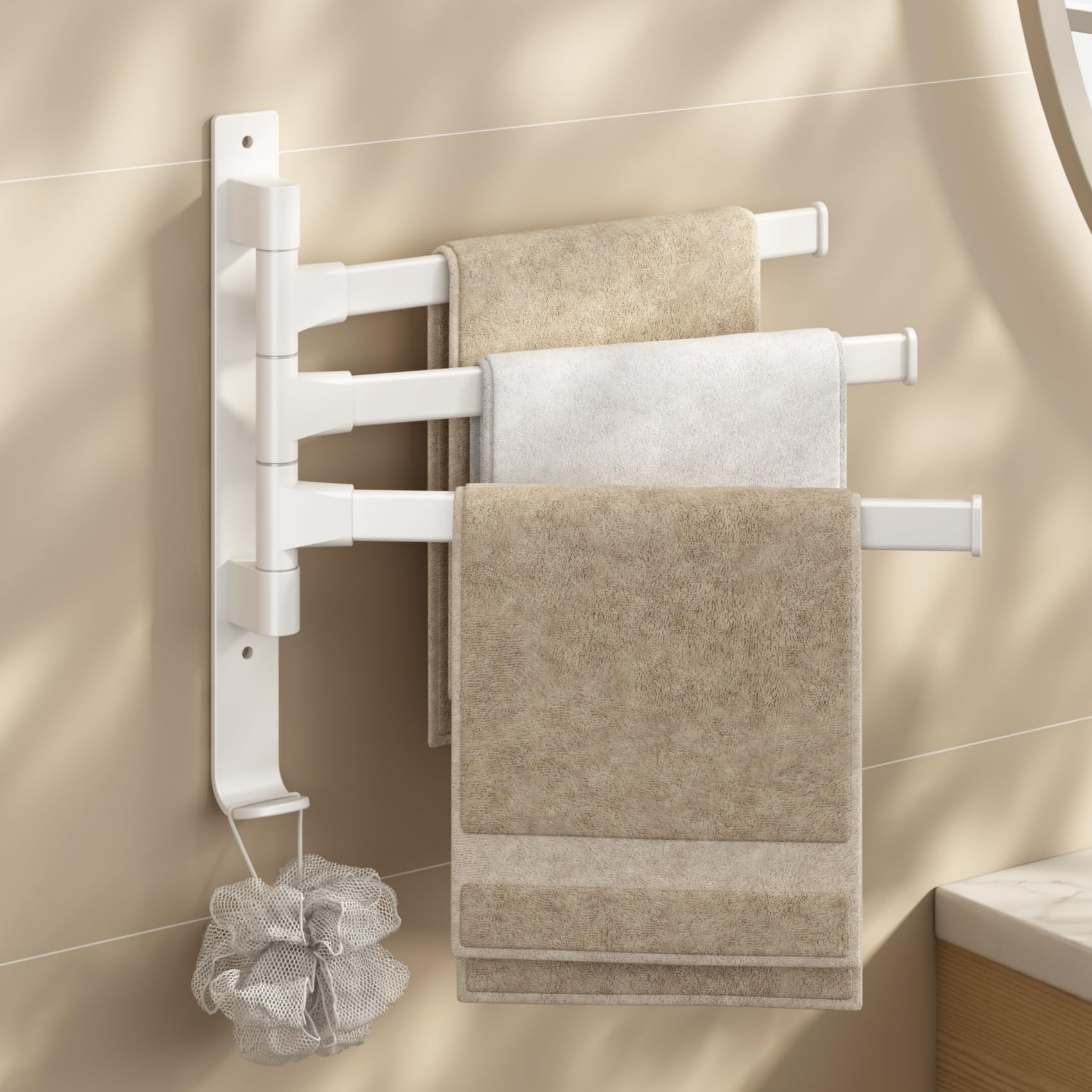 yozhch Swivel Towel Rail Wall Mounted, Bathroom Rotating Small Towel Rack, Lavatory Swing Hand Towel Holder Folding Bar, 3 Arm Length 32cm, White