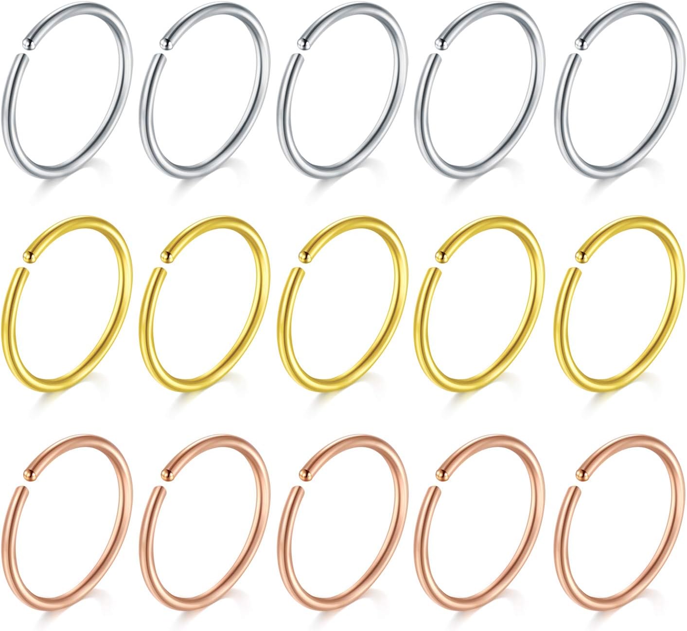 15pcs Nose Ring Hoop Set Stainless Steel 16 Gauge 10mm Lip Cartilage Helix Earring Piercing Jewellery