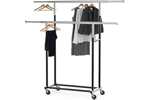 Simple Houseware Standard Double Rods Clothes Hanging Rack on Wheels - Expandable Metal Garment Rack, Black