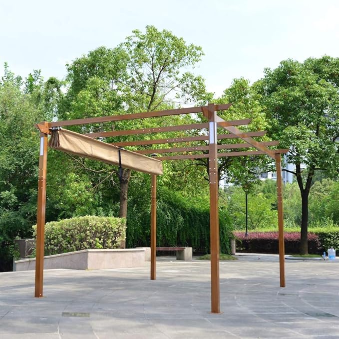 Amazon Com Aleko Perg10x13lsd Aluminum Outdoor Retractable Pergola With Solar Powered Led Lamps And Wooden Finish 13 X 10 Ft Sand Garden Outdoor