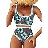 Herseas Women's Bikini Sets Floral Print Whip Stitch 2 Piece Swimsuits High Waisted Scoop Bathing Suits