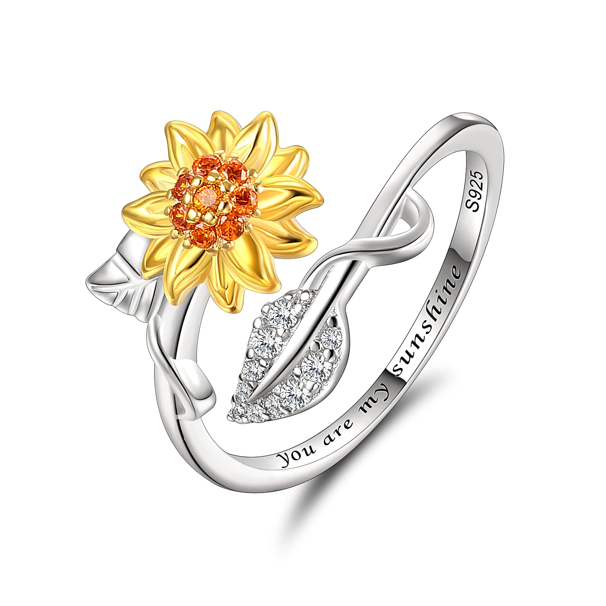 Clearine Sunflower Ring 925 Sterling Silver Cubic Zirconia Engraved You are My Sunshine Dainty Sunflower Adjustable Statement Ring for Women