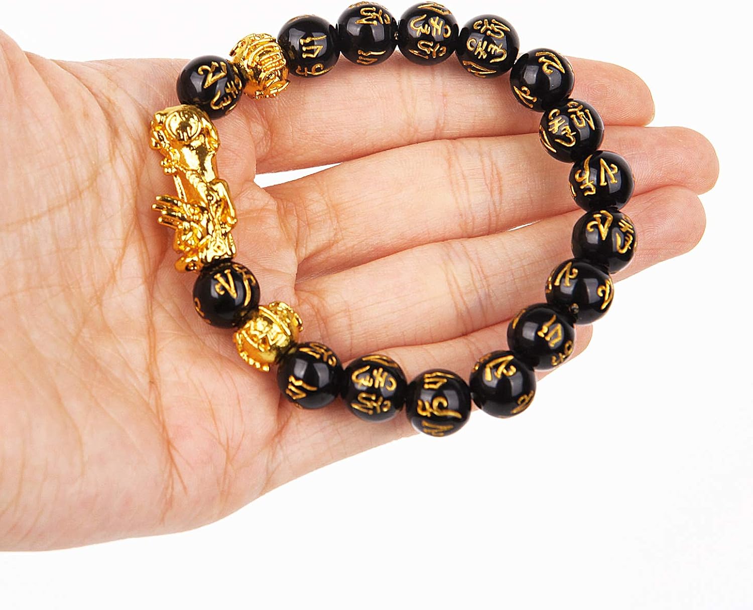 Goldenlight 2 Pcs Pi Xiu Bracelet Feng Shui Black Obsidian Wealth Bracelet for Women Men Adjustable Elastic: Clothing
