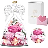 Emibele Mother's Day Angel Rose Gifts for Mom Grandma, Preserved Real Rose in Glass Angel Figurines, Eternal Flower Gifts for Women on Birthday Anniversary Thanksgiving Christmas, Pink