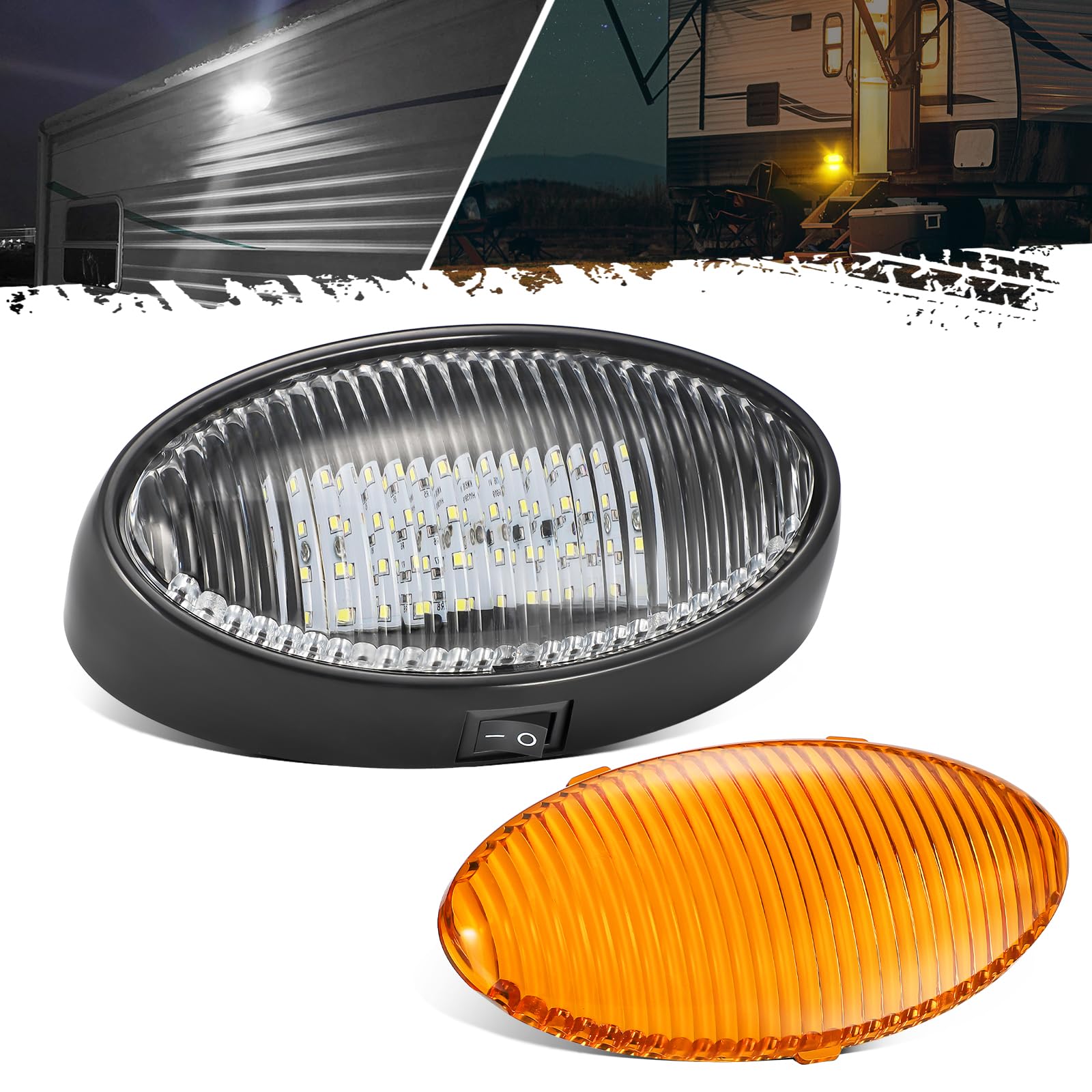 Photo 1 of Partsam Oval LED RV Porch Light with Swith, Exterior Utility Light Replacement for Camper Motorhome Trailer, Black Base w/Snap-on, Clear and Amber Lenses Included