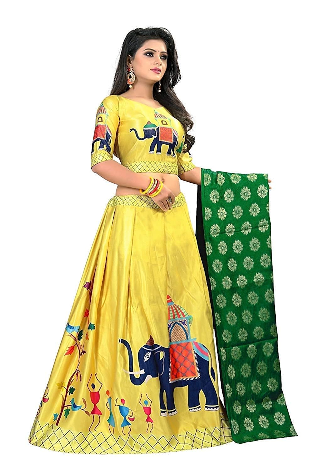 ethnicset women's lehenga choli with dupatta (yellow, free size)