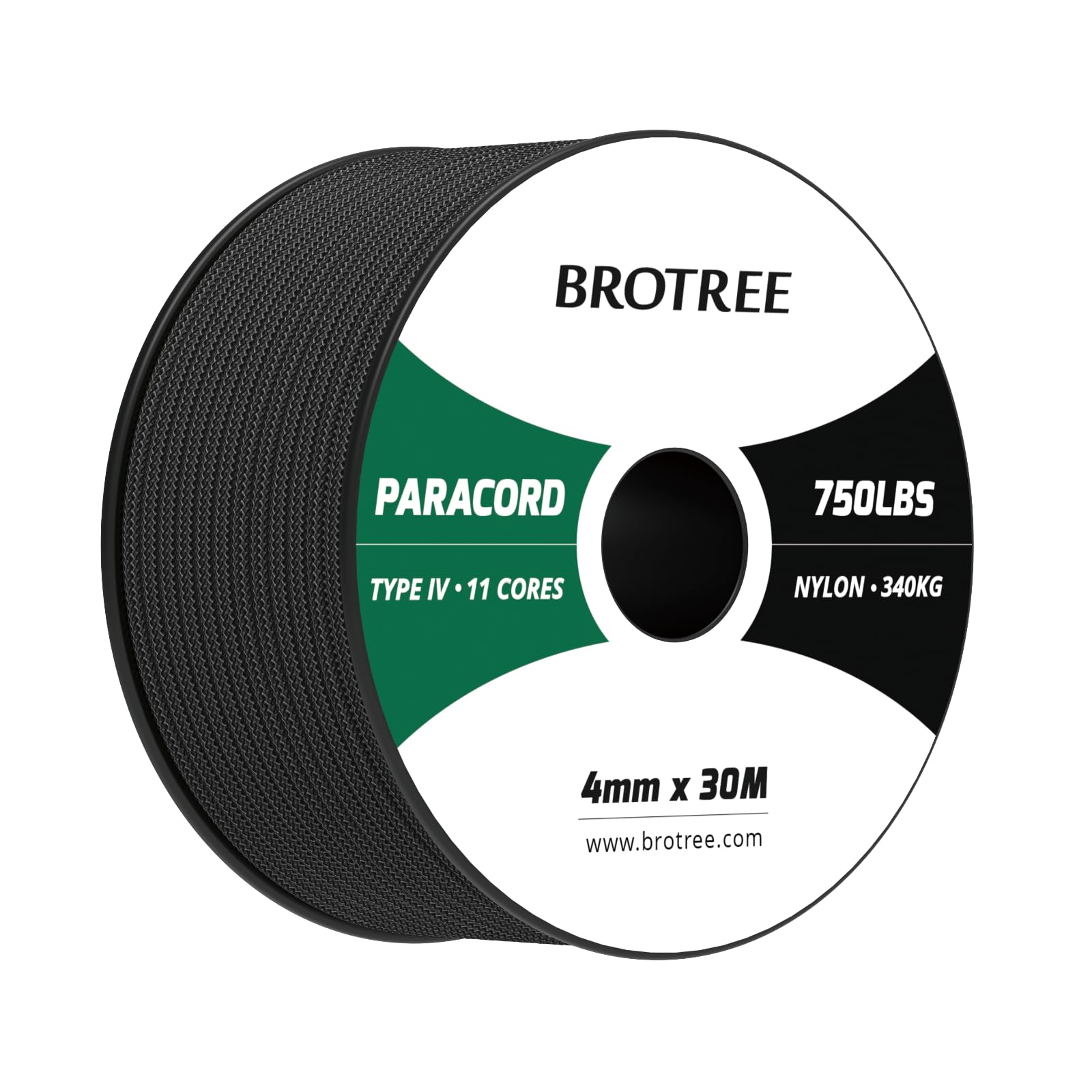 Brotree Paracord 4mm 30M 100% Nylon Rope 11 Strands 750lb Parachute Cord Type IV for Survival, Outdoor and DIY - 340kg Breaking Load (Black)
