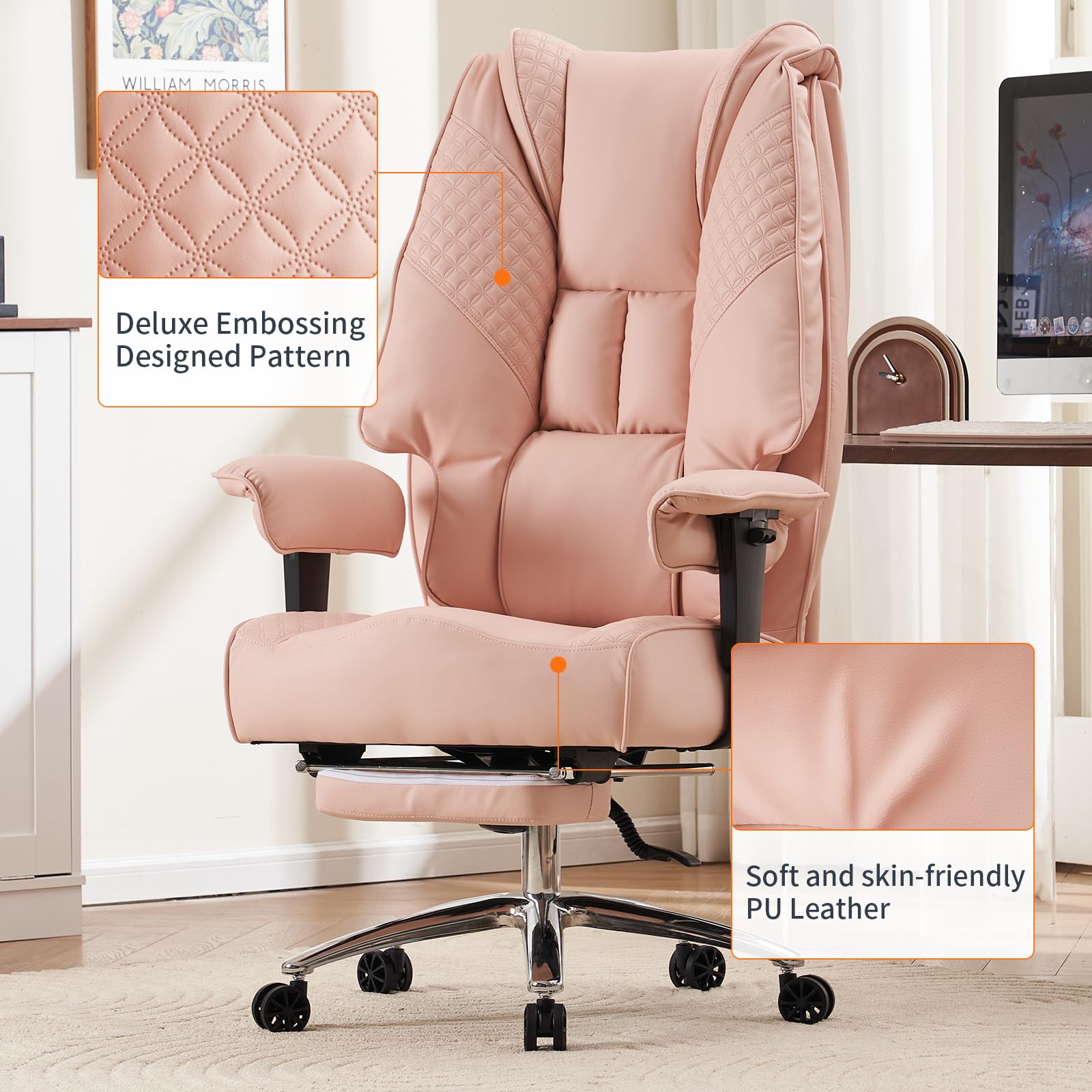 EXCEBET Big and Tall Office Chair 400lbs Wide Seat, Leather High Back Executive Office Chair with Foot Rest, Ergonomic Office Chair Lumbar Support for Lower Back Pain Relief (Light Pink) - Image 6