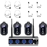 ZERFUN 4 Channel Rechargeable Wireless Microphone System, Pro UHF Metal Headset Lavalier Lapel Cordless Mics Handheld for Karaoke Singing Church with VOL Control, 4x50 Adjustable Frequency(G8)
