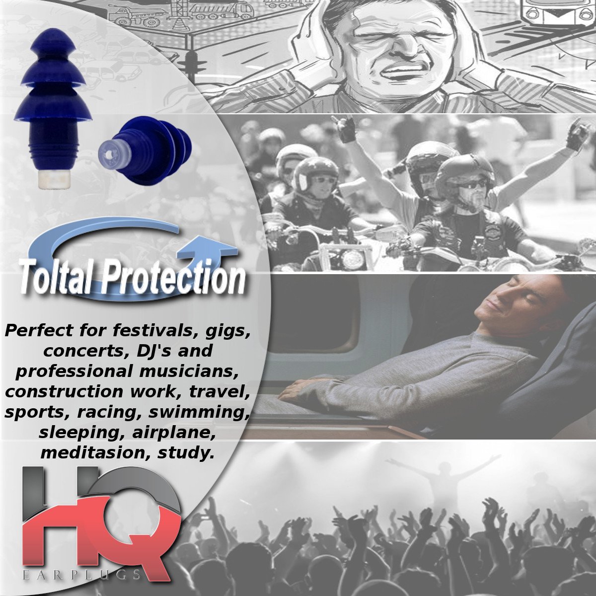 Soft Silicone Ear Plugs with Filter- Noise Cancelling & Hearing Protection By HQ Earplugs - NRR 25 to 29db – Water Block Ends – One Size Fits All (Blue)