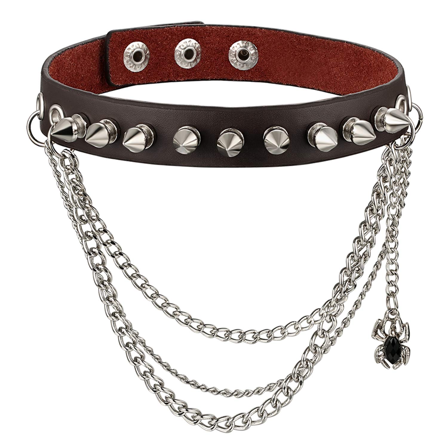 Flongo Womens Girls Goth Spider Pendant Spiked Brown Leather Rivet Link Choker Collar, Adjustable Neckband Necklace Halloween