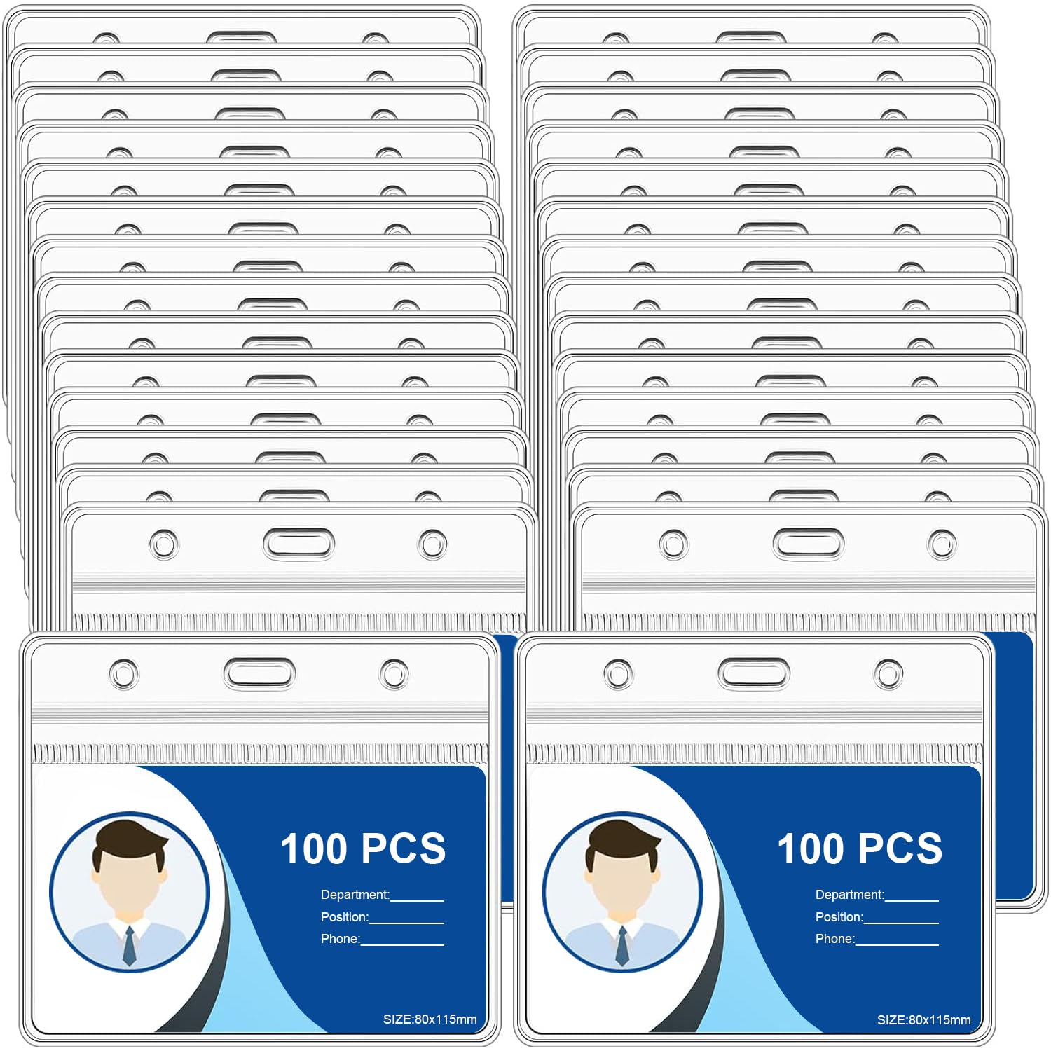 100pcs Plastic Card Holder for Lanyard, Horizontal Clear ID Card Holders, Waterproof Name Tag ID Badge Holders for Multiple Cards — image 1