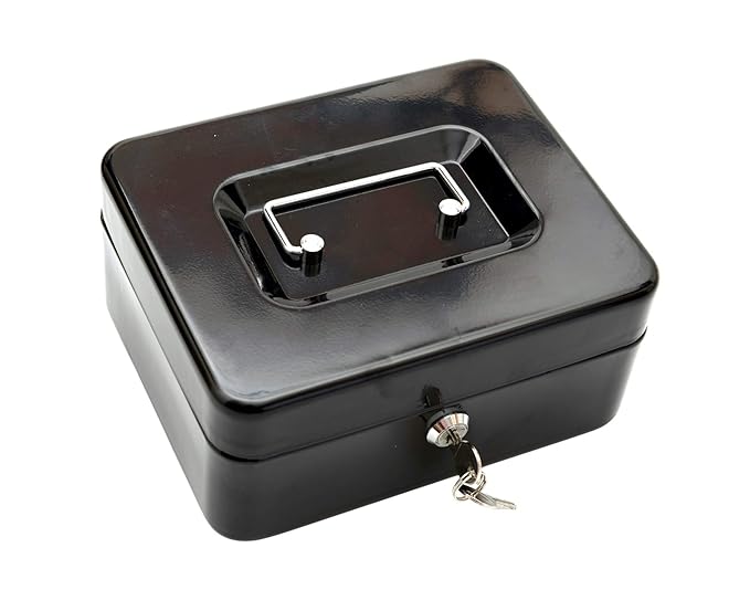 Store2508 Metal Cash Box with Key Lock, 20 * 16 * 9 cms (Black