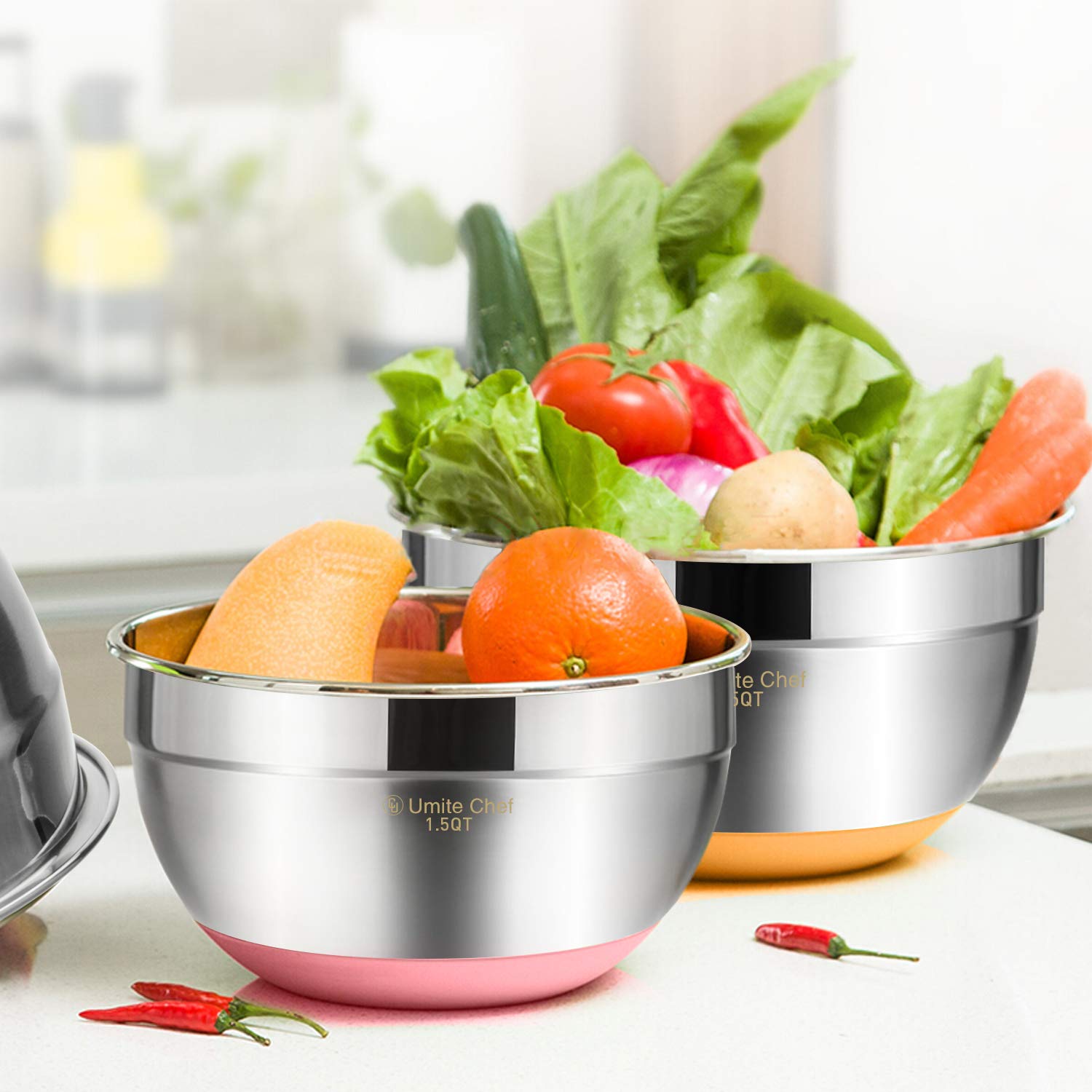 Umite Chef Mixing Bowls with Airtight Lid, 6 Piece Stainless Steel Metal Bowls