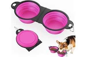 Pawaboo 2-in-1 Collapsible Dog Bowls, Dual Puppy Food and Water Bowls, 180° Flip Over Portable Silicone Dog Bowl with Metal Hook, 450ml Pet Travel Feeder Bowl for Walking Hiking Camping, Pink