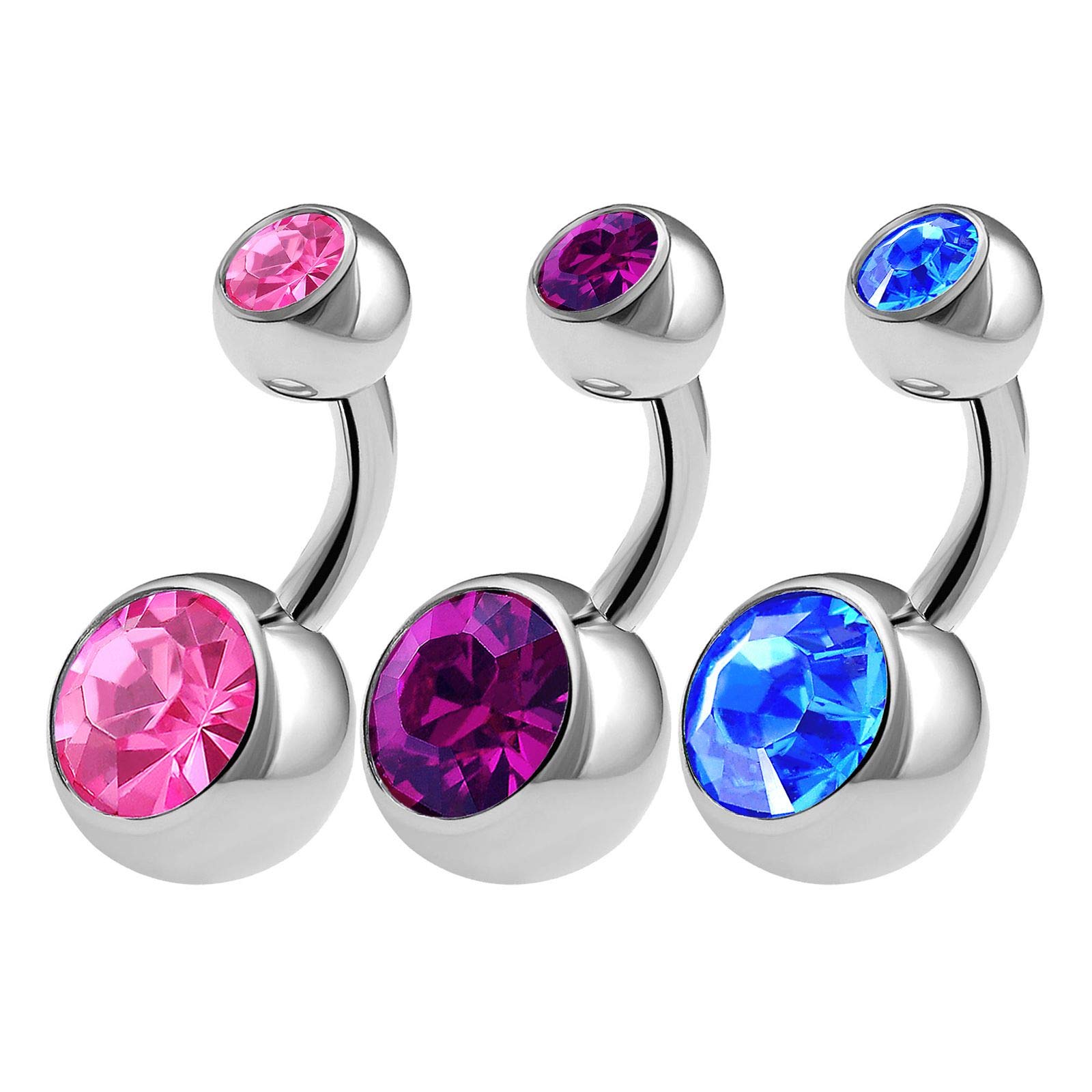 3pcs 316L Surgical Steel Short Belly Button Rings 14 Gauge 1/4 6mm Pink Amethyst Belly Button Rings Navel Jewelry Choice of Colors, Amethyst, Crystal, Sapphire, Steel