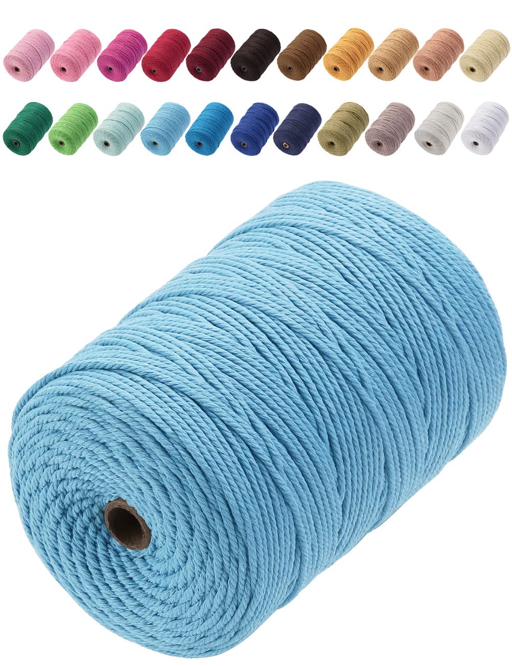 GOHOF Macrame Cord 3mm x 200m Premium Cotton Macrame Rope, 4 Strand Twisted Soft Cotton Cord, One of The Most Perfect Materials for Macrame Art, Cotton String Without Chemicals (Sky Blue)